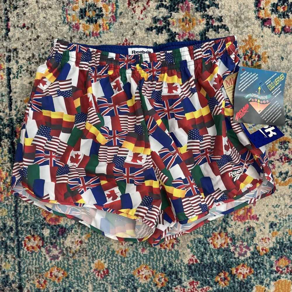 NEW Vintage Y2K REEBOK Shorts Mens M 90s Running USA Flags Canada England